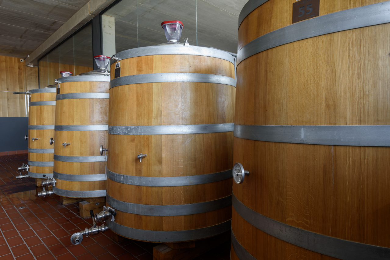 Installed in 2016, these oak fermentation vats are now well seasoned and employed to ferment their vineyard designate wines La Serra Negre and Blanca. 